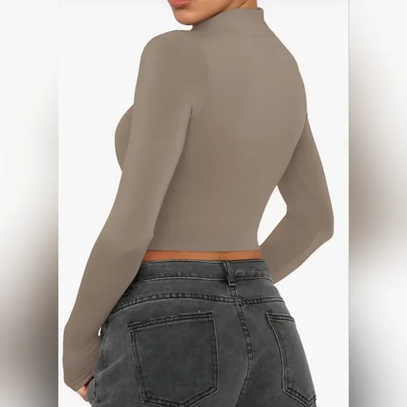 ReoRia Khaki Mock Turtleneck Women's 2XL Ribbed Tight T-shirt Crop Top L/S, NEW - Picture 9 of 9